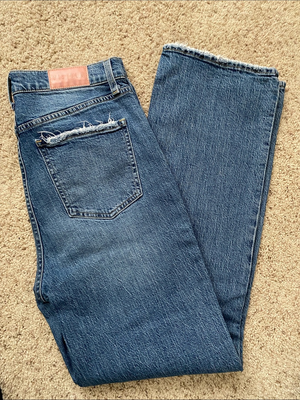 Pistola Blue distressed Denim Jeans with Leather Logo Patch